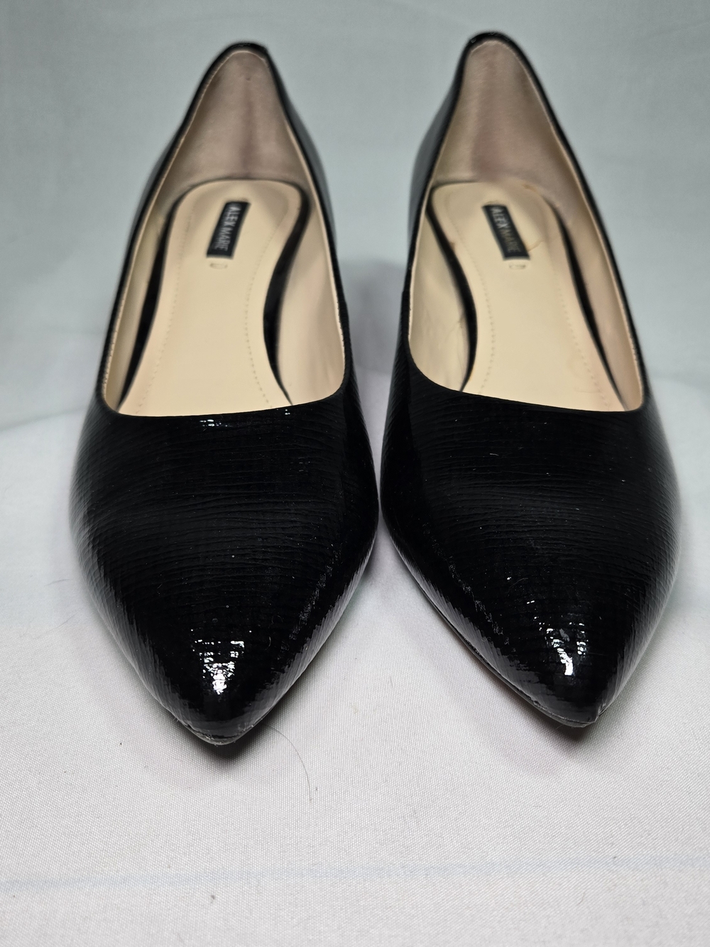 Alex Marie Womens 7.5 Black Patent Leather Kitten Heels Lizard Embossed - Picture 3 of 11